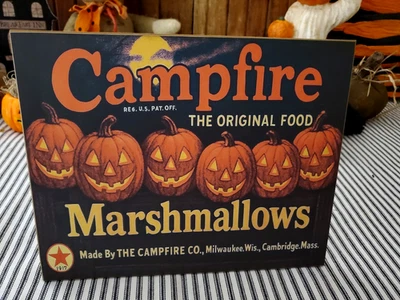 SPOOKY RETRO VINTAGE STYLE HALLOWEEN CAMPFIRE MARSHMALLOWS PUMPKINS WOODEN SIGN - Image 1 of 4