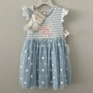 Conjunto de moño de vestido de tul Nanette Daisy niña pequeña 4T azul blanco bordado nuevo con etiquetas - Imagen 1 de 6
