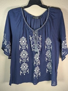 Elementz Peasant Blouse 1X Navy Cotton Gauze White Embroidery Keyhole Tie Front - Picture 1 of 9