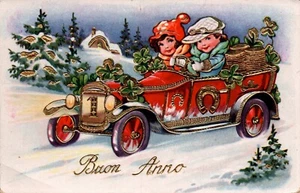 NEW YEARS POSTCARD ITALIAN WISH, "Buon Anno" Boy & Girl in Old Car, Guilding - Picture 1 of 2