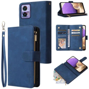 Motorola Edge 30 Neo Wallet Case Zipper Pocket Flip Card Wrist Strap Kickstand - Picture 1 of 34