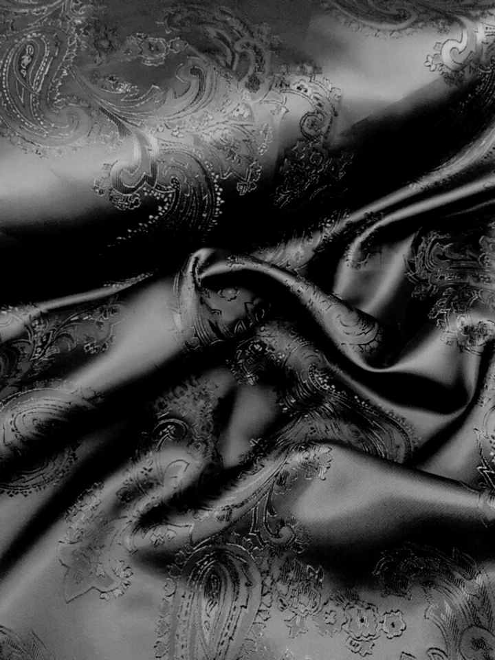 Paisley Woven Brocade NON STATIC Viscose Satin Feel Shiny 58"W Fabric - Black - Image 1 of 3