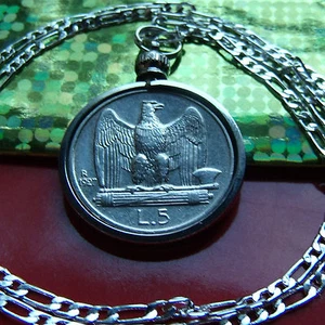 1927-1930 Italian 5 Lire Silver Eagle Pendant on a 18" 925 Italy Silver Chain - Picture 1 of 6