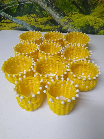 70's Mini Basket S&S Arts Crafts Miniature yellow Plastic Woven Mid Century 4" Cover