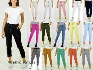 WOMENS LADIES STRETCH PLAIN MAGIC COMFY LAGENLOOK JOGGERS TROUSERS PANTS ITALIAN - Picture 1 of 22