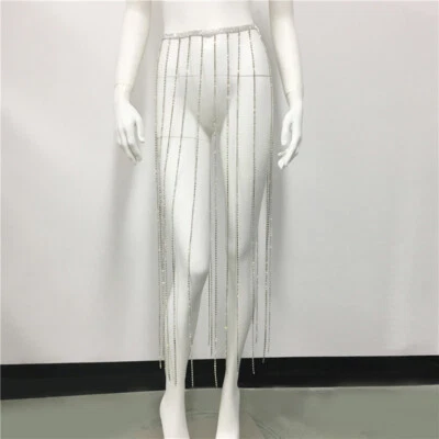 Lady Clubwear Rhinestone Waist Body Chain Belt Long Tassel Skirt Nightclub Party - Image 1 of 4
