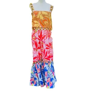NWT Farm Rio Birds Wood Balls Sz XL Maxi Dress Kaftan Pink Blue Tan Muumu $295. - Picture 1 of 11
