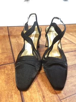 Ann Marino Puntera de Malla Negra Entrecruzada Tiras Tacón Alto Bloque 3 1/2" Talla 8M Foto 1 de 4