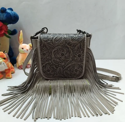 Montana West Gray Leather Floral Fringe Flap Closure Small Crossbody Bag - Image 1 of 4