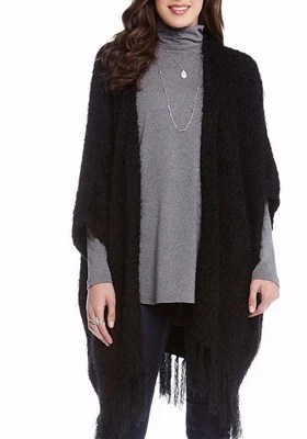 Suéter Poncho Karen Kane 4L89649 Negro Suave Tejido Boucle con Borde de Flecos - $118 Foto 1 de 3