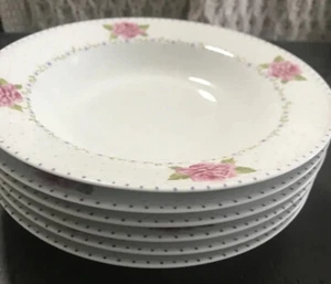 6 Laura Ashley Soup Bowls Lidia Pink Dots bowl Rimmed 8.5” Rose - Picture 1 of 8