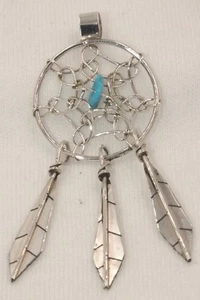 Navajo Sterling Silver Dream Catcher Pendant with Turquoise Stone & 3 Feathers - Picture 1 of 4