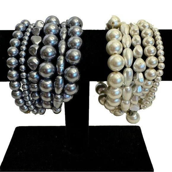 CHICO’S SET OF 2 Faux Pearl Multi Strand Stretch BRACELET 6 Strand Stack Chunky - Image 1 of 4