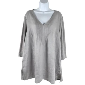 J. Jill Love Linen Top 1X Gray Pleated Front V-Neck 3/4 Sleeve NWT TP-3001 - Picture 1 of 10