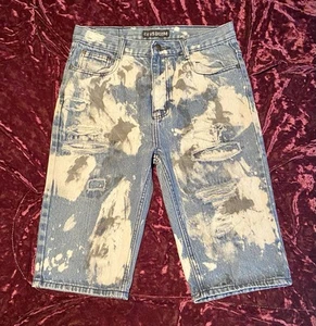 GS-115 Denim Jeans Bermuda Shorts Boys Size 18 Acid Wash Distressed Splatter - Picture 1 of 6