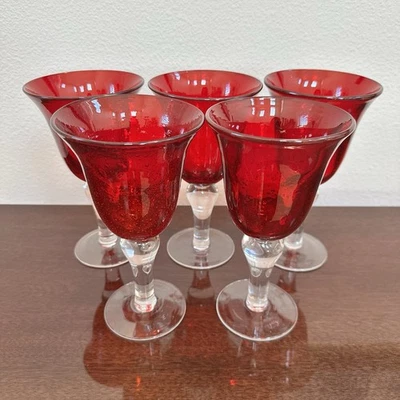 Artland Ruby Red Iris Hand Blown Bubble Glasses Goblets Bulb Stem 8" SET OF 5 - Image 1 of 4