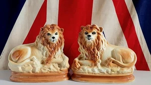 Pair of Antique Staffordshire Pottery Recumbent Lions 10'' x 11'' x 5½'' - Picture 1 of 7