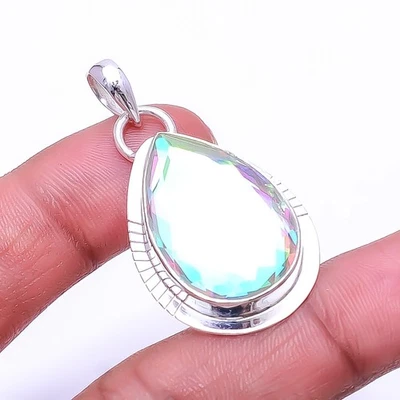 Colgante de plata de ley 925 con topacio de fuego místico arco iris Aura 1,72" P57 Foto 1 de 4