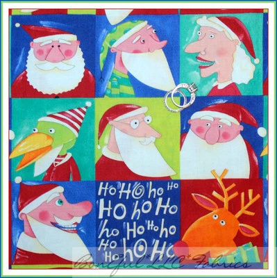 BonEful Fabric FQ Cotton Quilt VTG Red Block Square Xmas Ms Santa Claus Reindeer - Image 1 of 4