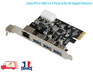 Carte PCI-e USB 3.0 3 Ports HUB + RJ45 Gigabit Ethernet 1000Mbps LAN Réseau - Photo 1/9