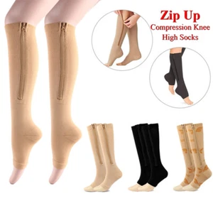 Zip Up Compression Socks High Leg Support Knee Slimming Stocking Open Toe Unisex - Picture 1 of 20