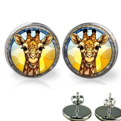 Sweet Little Giraffe Faux Stained Glass Art Print Stud Earrings Hypoallergenic - Image 1 of 3
