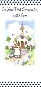 Congratulations First Holy Communion Brown Bear At Church Greeting Card  