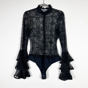 Jonathan Simkhai Sheer Tier Bell Long Sleeved Black Lace Mock Neck Bodysuit S - Picture 1 of 3