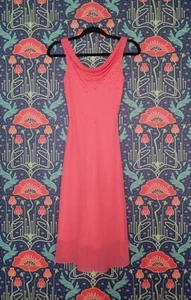 Vintage 90's Y2K Coral Pink Beaded Cowl Neck Bias Cut Slip Cocktail Dress XS - Picture 1 of 4