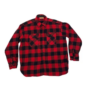 Vintage Montgomery Ward Wool Red Buffalo Plaid Flannel Shirt Mens Size L / XL - Picture 1 of 12