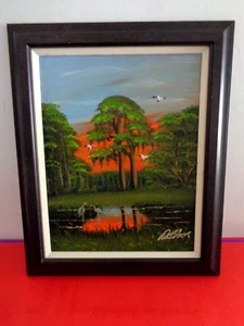 Al Black Signed (Florida Highwaymen) Birds & Trees Over Water Oil on Board - Picture 1 of 7