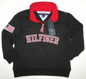 NWT Tommy Hilfiger Boys Long Sleeve 1/4 Zip Pullover T-Shirt Black Red Child 4 - Picture 1 of 7