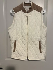 Talbots Ivory Quilted Zip Front Vest Medium, Tan Corduroy Trim Front Zip Pockets - Picture 1 of 12