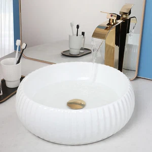 Fregadero de cerámica para baño blanco 15" redondo lavabo cuenco fregaderos grifo dorado drenaje - Imagen 1 de 8