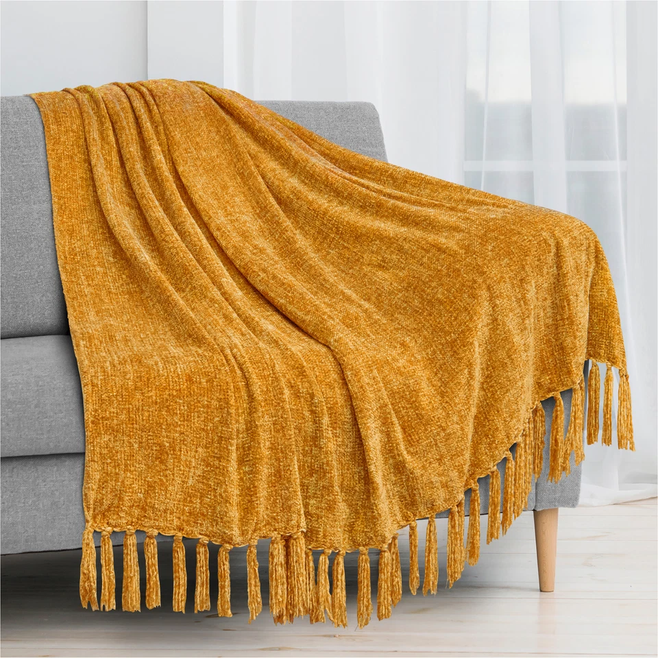 Fluffy Chenille Knitted Throw Blanket Decorative Fringe for Bed Sofa Couch Chair - Image 1 of 1