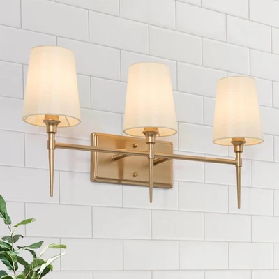 Bathroom Wall Light Fixtures, 3-Light Gold Vanity Light with White Fabric Sha... - Image 1 of 4