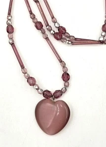 Colgante corazón vidrio esmerilado púrpura vintage 24" collar cuentas espaciadoras de plata - Imagen 1 de 6