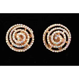 Vintage Shoe Clips Aurora Borealis Crystal Rhinestone Gold Tone Round Sparkling - Picture 1 of 12