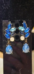Vintage Bronze And Silver Tone Costume Blue Acrylic Rhinestone Drop Earrings - Picture 1 of 7