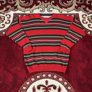 Vintage 80s Gitano Red Colorful Striped Knit Grandpa Crewneck Sweater Size L - Picture 1 of 15