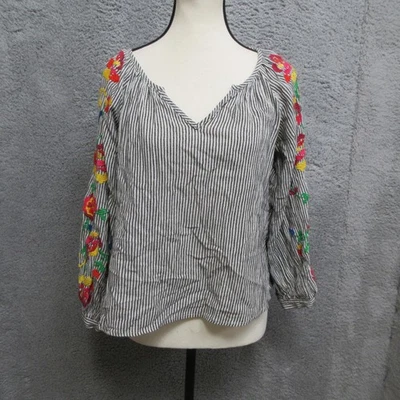 Camisa Floreat Anthropologie Mujer L Bordada Rayas Negra Cuello en V Boho Chic Foto 1 de 4