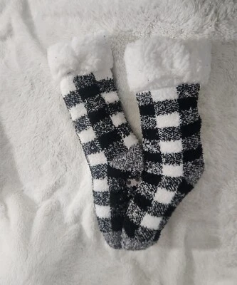 Black and White Plaid Fuzzy Socks - Image 1 of 2