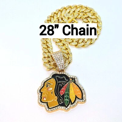 COLAR CHICAGO BLACKHAWKS GEM Gold Bling NHL pingente hip hop e corrente 28" - Imagem 1 de 3