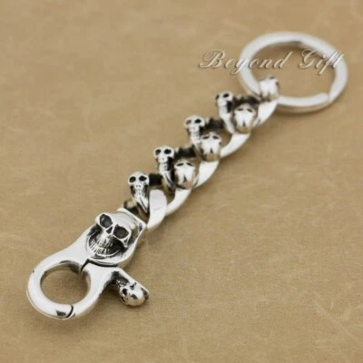 Skulls KeyRing 925 Sterling Silver Mens Biker Rock Punk KeyChain 9N005KCA BZ - Image 1 of 4