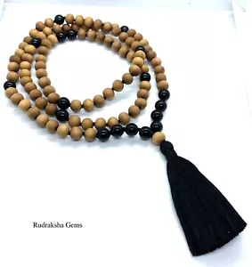 BLACK TOURMALINE MALA SANDAL WOOD HEALING CRYSTAL OM YOGA BEADS JAPA ROSARY RARE - Picture 1 of 7