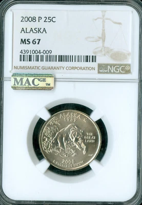 2008 P ALASKA QUARTER NGC MS67 PQ BUSINESS STRIKE MAC SPOTLESS  POP 22 * - Image 1 of 2