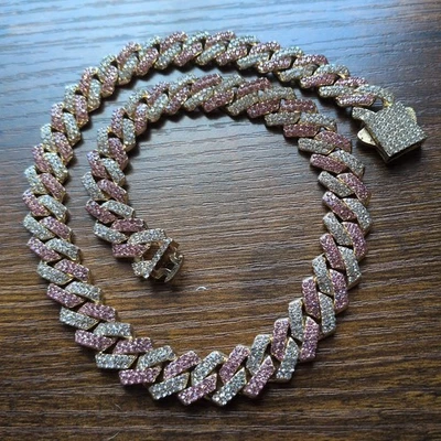 Collar de cadena de eslabones cubanos de moissanita ancho helado 20 pulgadas de largo, dorado/rosa Foto 1 de 4