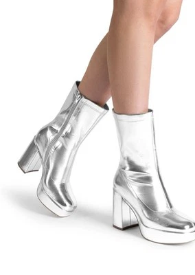 Botas femininas Gogo de panturrilha média tamanho 7 prata metálica plataforma salto bloco robusto  - Imagem 1 de 4