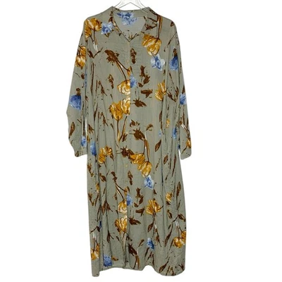 Womens Cotton Floral Maxi Shirt Dress 2X Long Sleeve Earthy Botanical Relaxed - Image 1 of 4