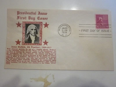 US COVER 1939 JAMES MADISON FDC SCOTT 843 COIL STAMP CROSBY BRONZE COPPER CACHET - Image 1 of 3